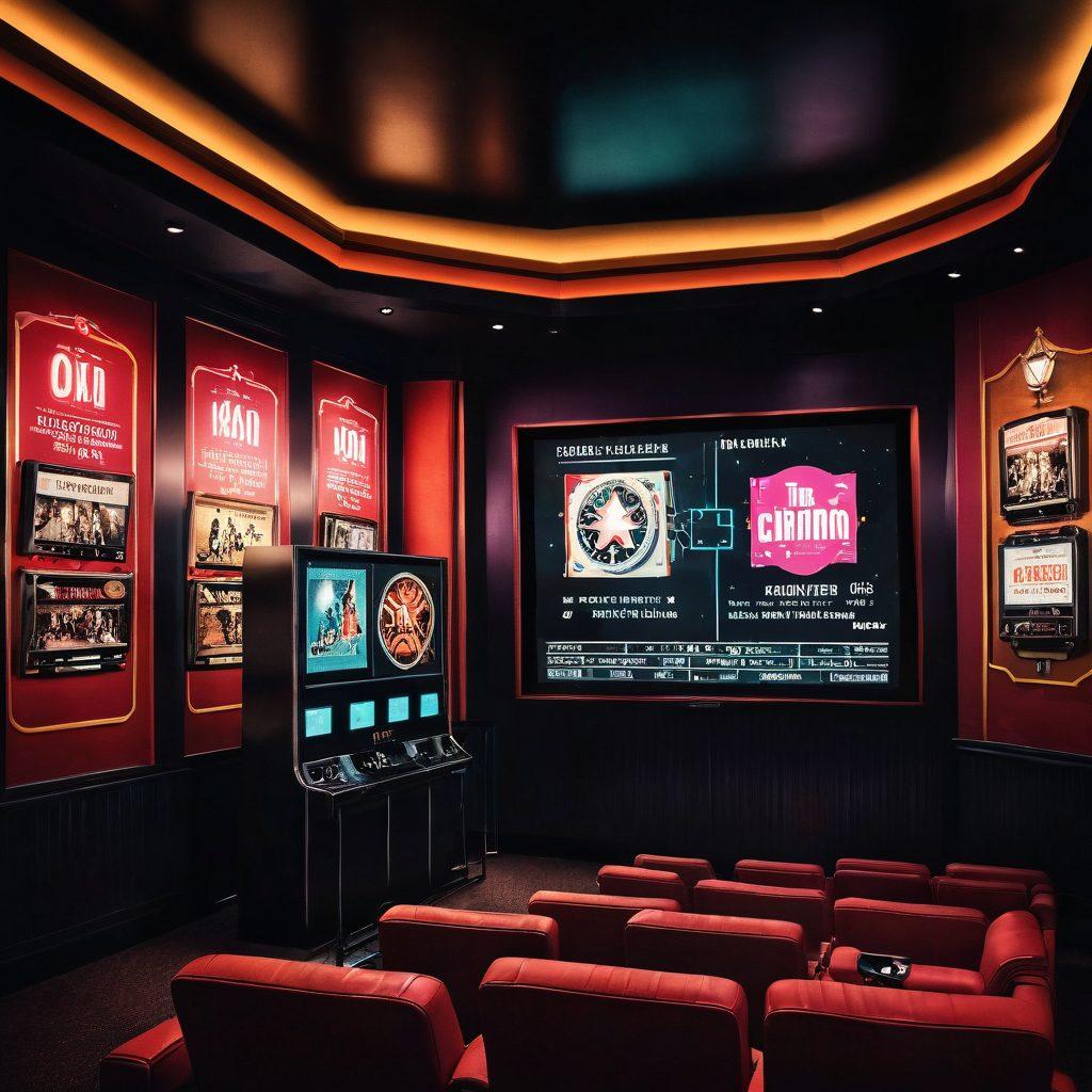 A tasteful representation of adult cinema culture, featuring a vintage film reel intertwined with a modern digital display showcasing star ratings and reviews. Include colorful pop art elements, subtle silhouettes of people engaged in discussions, and a moody, cinematic ambiance. The scene should convey a sense of sophistication and critique, highlighting the evolution from traditional reviews to modern ratings. vibrant colors. vintage style.
