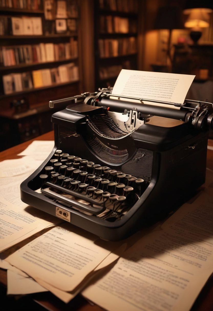 A visually striking composition featuring a cinematic adult film script, with pages scattered around an antique typewriter. In the background, blurred silhouettes of engaged actors performing a dramatic scene, bathed in soft, colorful lighting. Include elements of film reels and storyboards to emphasize the storytelling aspect. The overall mood should convey both intimacy and depth, inviting viewers to explore the narrative behind the scenes. super-realistic. vibrant colors. dramatic lighting.